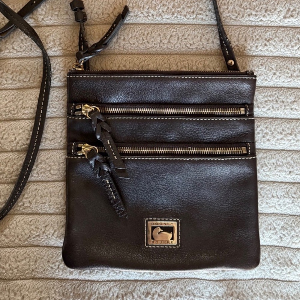 Dooney & Bourke Dark Brown Leather Triple Zip Crossbody Bag Women Small